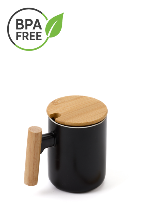 כוס פורצלן עם גימור במבוק,מכסה וכפית נירוסטה 380 מ כוס פורצלן עם גימור במבוק,מכסה וכפית נירוסטה 380 מ